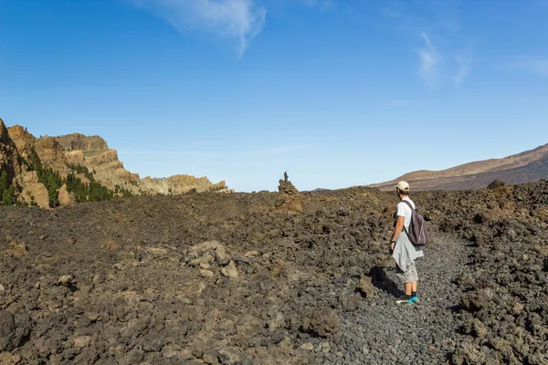 Young Man Cap Backpack His Back Travels Route Teide National — Stock Photo, Image