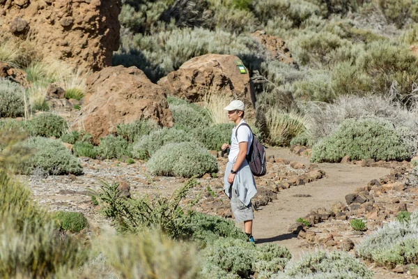 Молодий Чоловік Кришці Рюкзаком Спиною Подорожує Маршрутом Національному Парку Тейде — стокове фото