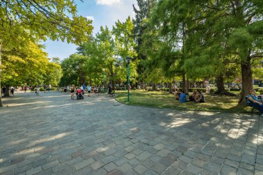 Como, ITALY - 4 Ağustos 2019: Güzel İtalyan Como şehrinin göl kenarındaki gezinti alanında yerel halk ve turistler. Çok popüler bir tatil merkezinde, güneşli bir yaz günü.