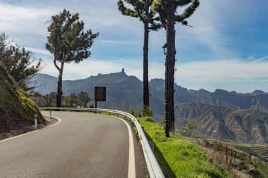 Gran Canaria 'nın merkezi. Ünlü Roque Nublo, dev kalderada bulutlu kaya. Ön planda bir dağ yolu boyunca birkaç kömürleşmiş çam ağacı var..