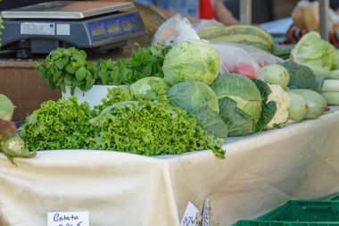 Şenlikli tarım pazarı. Taze sebzeli tezgahlardan biri kabak, lahana, salata, kişniş ve daha fazlası. Tezgahın sahibi müşterilere servis yapar..