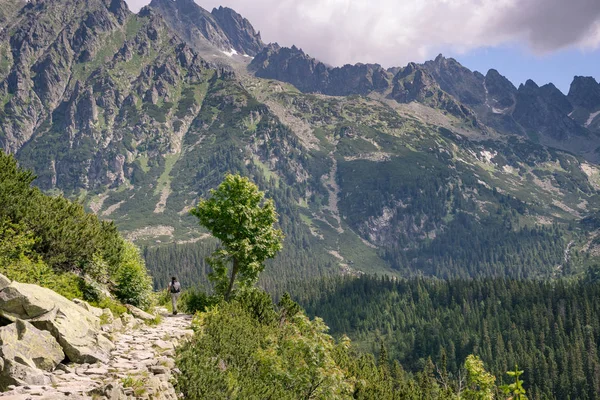 Senderista femenino en un sendero de montaña . — Foto de Stock