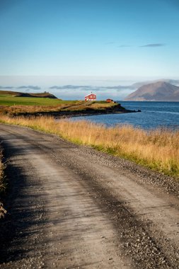 Dikey Görünüm tozlu yolun tenha bir yere okyanus kıyısında, İzlanda.
