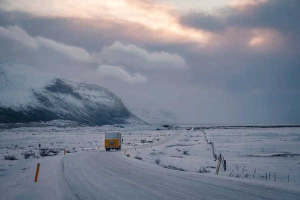 Beautiful View Winter Landscape Iceland Golden Circle Road Sunset Snow — стоковое фото