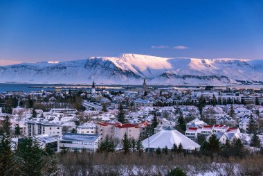 Soğuk kış sabahı doğal görünümünü başkenti Reykjavik, İzlanda.