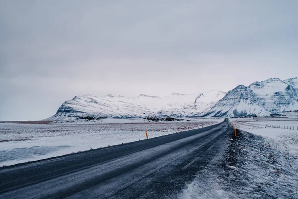 Beautiful View Winter Landscape Iceland Golden Circle Road Sunset Snow — Stock Photo, Image