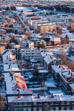 Yukarıdan izlendi çatılar havadan görünümü geleneksel imar Reykjavik, İzlanda kışın kar ile kaplı.