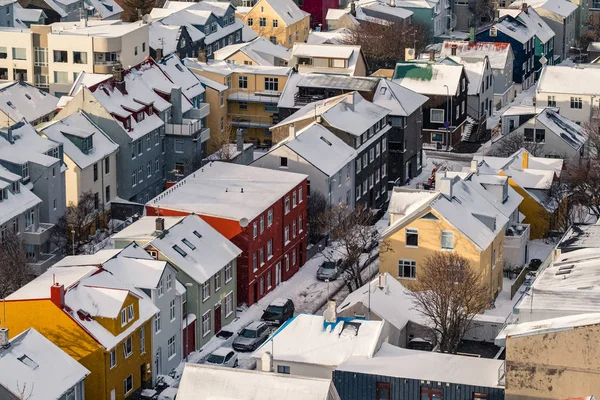 Vista Aérea Desenvolvimento Urbano Tradicional Reykjavik Islândia Inverno Com Telhados — Fotografia de Stock