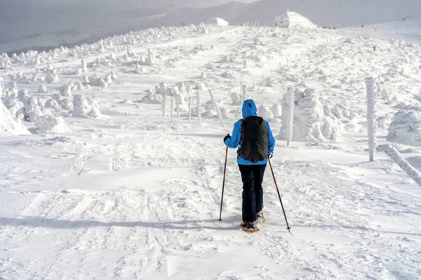 Vintersport aktivitet. Kvinna vandrare vandring med ryggsäck och snö — Stockfoto