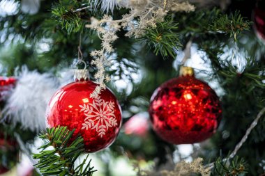 Noel arkaplanı. Yeşil bir Noel ağacında asılı kırmızı ve gümüş mücevherlerin ve şenlikli süslemelerin detaylı görüntüsü.