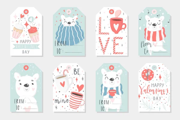 Set of 8 cute ready-to-use gift tags with polar bear. Gifts, hearts, cups and magic. Printable collection of hand drawn Valentine\'s Day label in gentle colors. Vector badge design