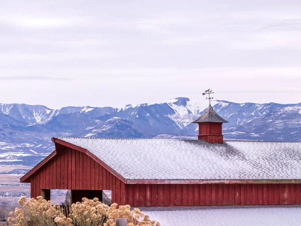 天气风向标顶红色谷仓在冬天 — 图库照片