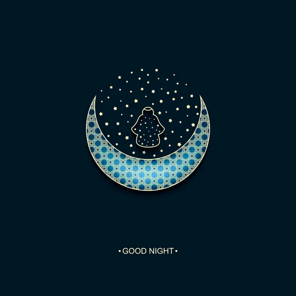 Векторный неоновый синий фон с арабским украшенный луна и звезды и слова спокойной ночи — стоковый вектор