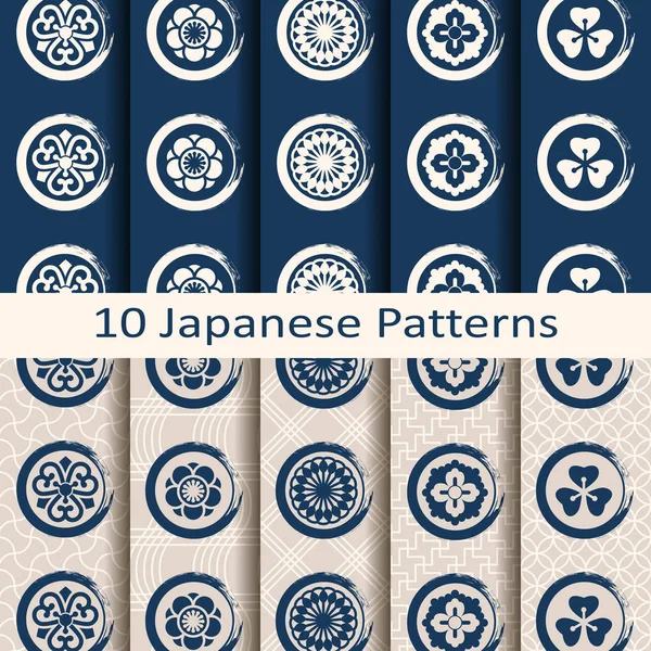 Jeu de dix motifs japonais traditionnels vectoriels sans couture avec des symboles de cercle — Image vectorielle