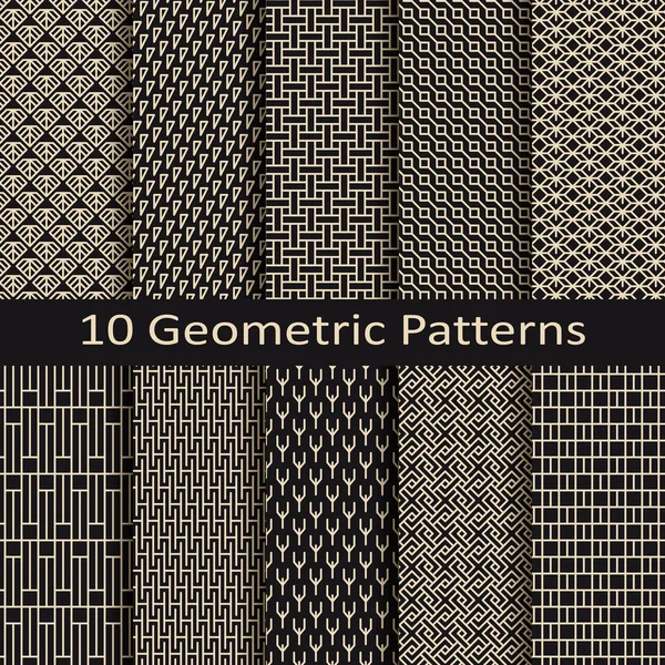 Conjunto de diez patrones geométricos monocromáticos vectoriales sin costura — Archivo Imágenes Vectoriales