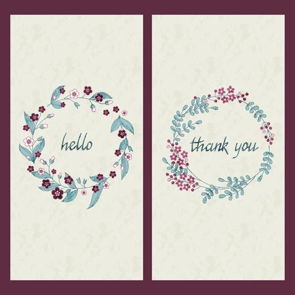 Set van twee kaarten met de hand getekende woorden Hallo en dank u in cirkel flower frames — Stockvector