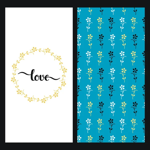 Ensemble avec une texture bleue sans couture avec des fleurs colorées et une carte avec l'amour de mot dessiné à la main dans un cadre floral — Image vectorielle