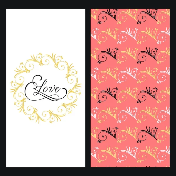 Ensemble avec une texture rose sans couture avec des fleurs colorées et une carte avec un mot élégant dessiné à la main amour dans un cadre floral — Image vectorielle