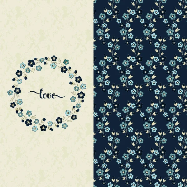 Vektor modrý vzor něžnými kytičkami a kartu s ručně kreslenou slovo láska v kruhu květinový rámeček — Stockový vektor