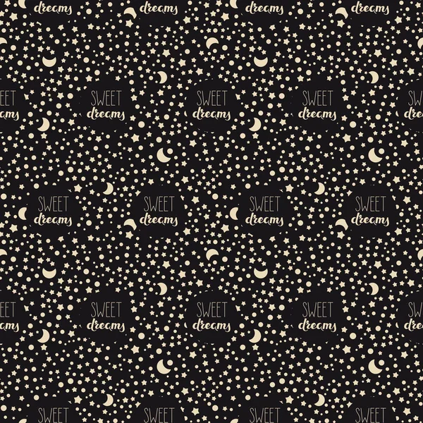 Motif de nuit vectoriel sans couture avec des mots dessinés à la main rêves doux et des lunes et des étoiles dessinées à la main — Image vectorielle