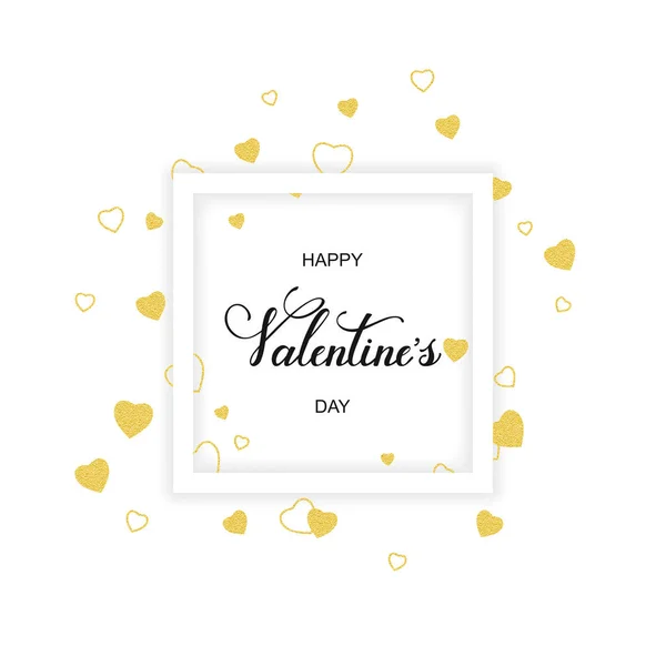 Tło z złote serca i ręcznie rysowane słowa szczęśliwy Valentine's w ramie kwadratowych — Wektor stockowy