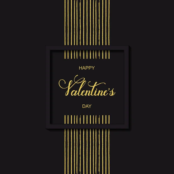 Carte de vacances noire et fond avec des lignes dorées et des mots dessinés à la main heureux Saint-Valentin dans un cadre carré — Image vectorielle