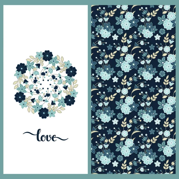 Ensemble avec fleur vectorielle transparente colorée joli motif et une carte avec couronne de cercle de fleurs avec amour mot dessiné à la main — Image vectorielle