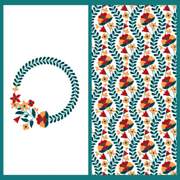 Ensemble avec motif vectoriel sans couture avec des fleurs colorées et une carte avec cadre floral cercle — Image vectorielle
