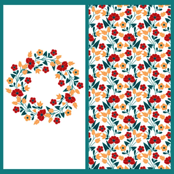 Ensemble avec motif vectoriel sans couture avec des fleurs colorées et une carte avec cadre floral cercle — Image vectorielle