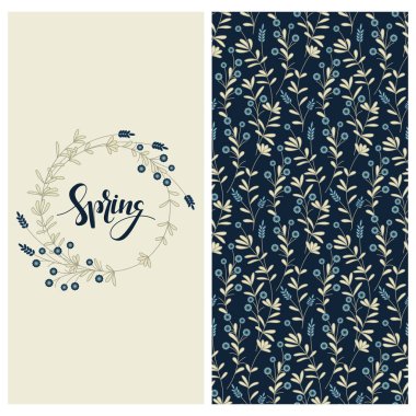 yaprakları ve meyveleri ile sorunsuz vektör desen ve elle çizilmiş sözcüğü bahar çiçek daire çerçevesindeki bir kartla ayarla