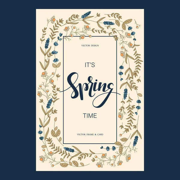 Design de cartão vetorial com flores de campo desenhadas à mão floral e palavras desenhadas à mão é tempo de primavera em um quadro quadrado — Vetor de Stock