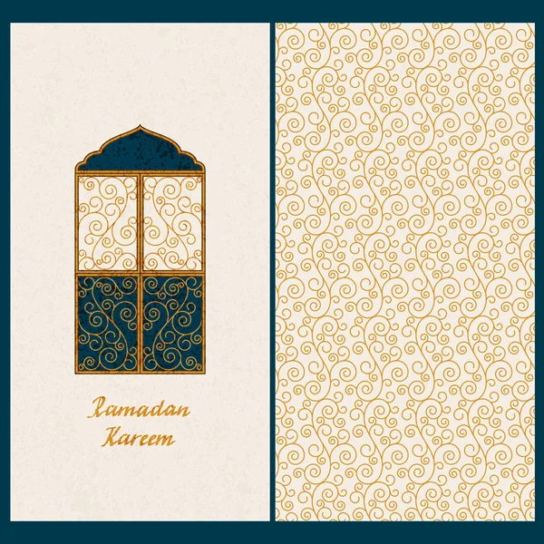 Vektor-Set mit arabischem nahtlosen Vektormuster und einer Karte mit arabischer Laterne und handgezeichneten Wörtern Ramadan Kareem — Stockvektor