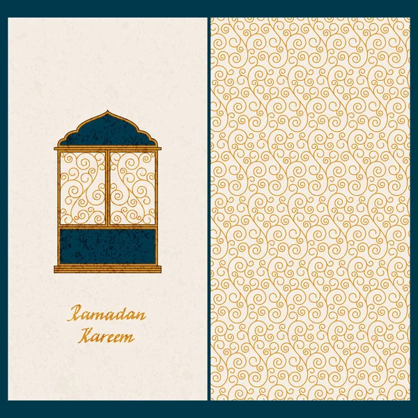アラビア語のシームレスなベクトル パターンとアラビア語のランタンと手描き言葉ラマダン カリームとカードに設定されたベクトル — ストックベクタ