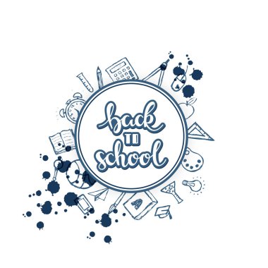 okul arka plan elle çizilmiş metin ile başa vektör ve çizilmiş farklı okul şeyler el