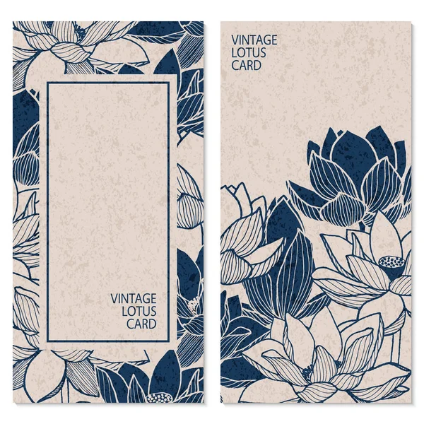 Ensemble avec deux cartes bleues vintage avec des fleurs de lotus dessinées à la main et place pour le texte — Image vectorielle