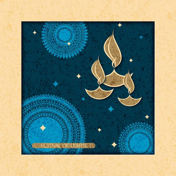 ベクトルのはがき。ライトのディワリ祭。マンダラと火のシンボルとヒンドゥー教のデザイン — ストックベクタ
