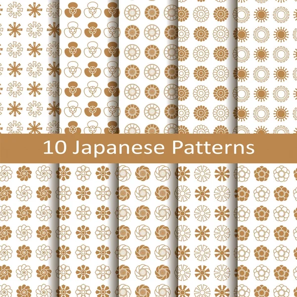 Conjunto de dez círculo japonês sem costura vetor padrões com design de flores. design para embalagens, capas, têxteis — Vetor de Stock