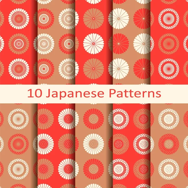 Satz von zehn japanischen Kreis nahtlosen Vektormustern mit Blumenmuster. Design für Verpackungen, Hüllen, Textilien — Stockvektor