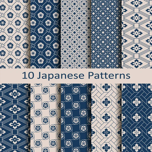 Set with eight seamless vector japanese floral geometric paterns. design for textile, packaging, covers — Stock Vector