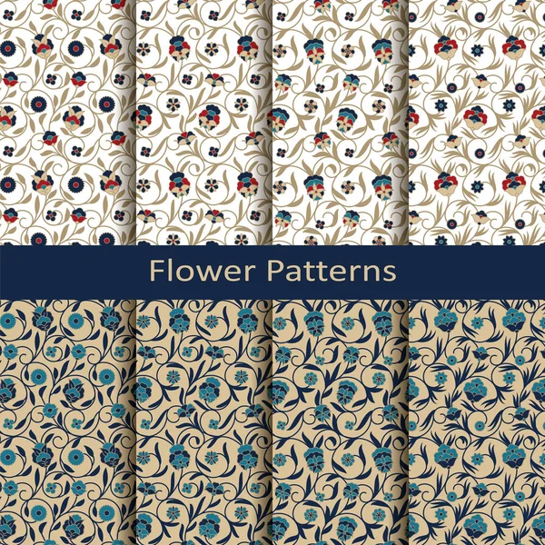 Ensemble avec huit motifs colorés floraux arabesques vectoriels sans couture avec impression vintage. design pour textile, emballage, mode, couvertures — Image vectorielle