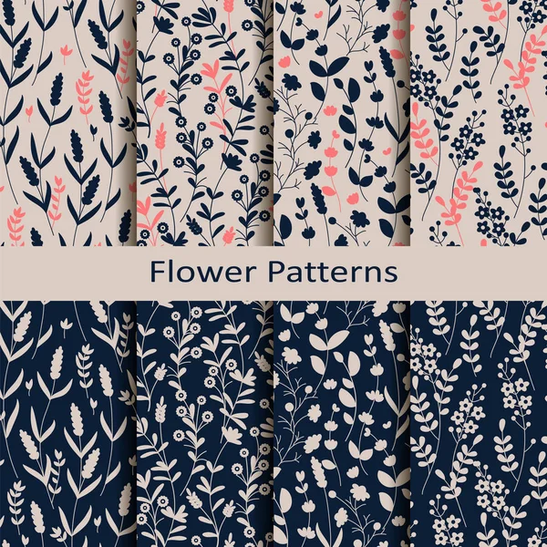 Ensemble de huit motifs de printemps vectoriels sans couture avec impression de fleurs dessinées à la main. design pour textiles, couvertures, emballages — Image vectorielle