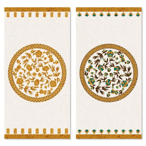 Conjunto com duas cartas com ornamento de ouro floral em um círculo. design para impressão, capas, convites — Vetor de Stock