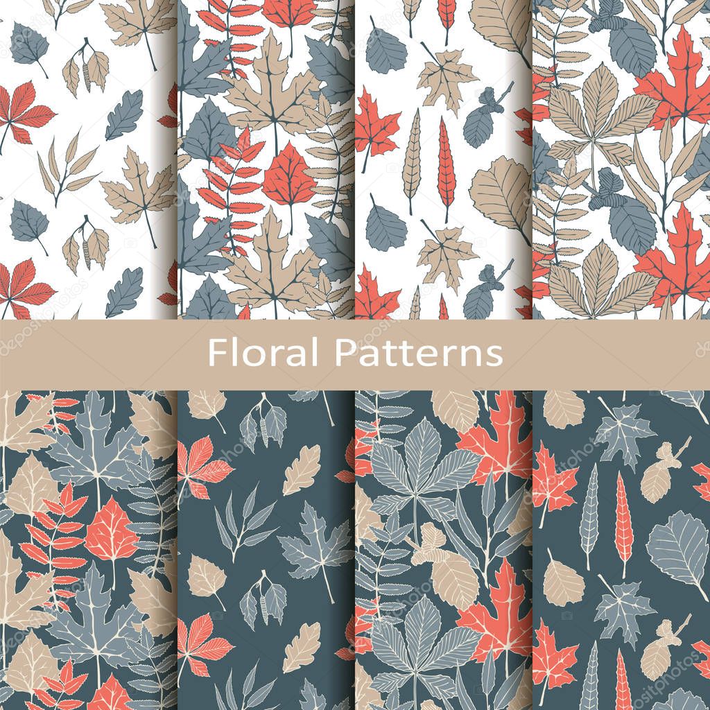 set with eight seamless vector floral patterns with hand drawn leaves. design for packaging, covers, textile