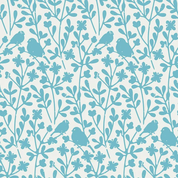 seamless vector pattern with birds sitting on floral branches 