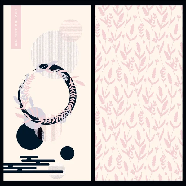 Conjunto de vectores con una tarjeta de estilo japonés con decoración floral y geométrica y patrón rosa floral sin costuras — Archivo Imágenes Vectoriales