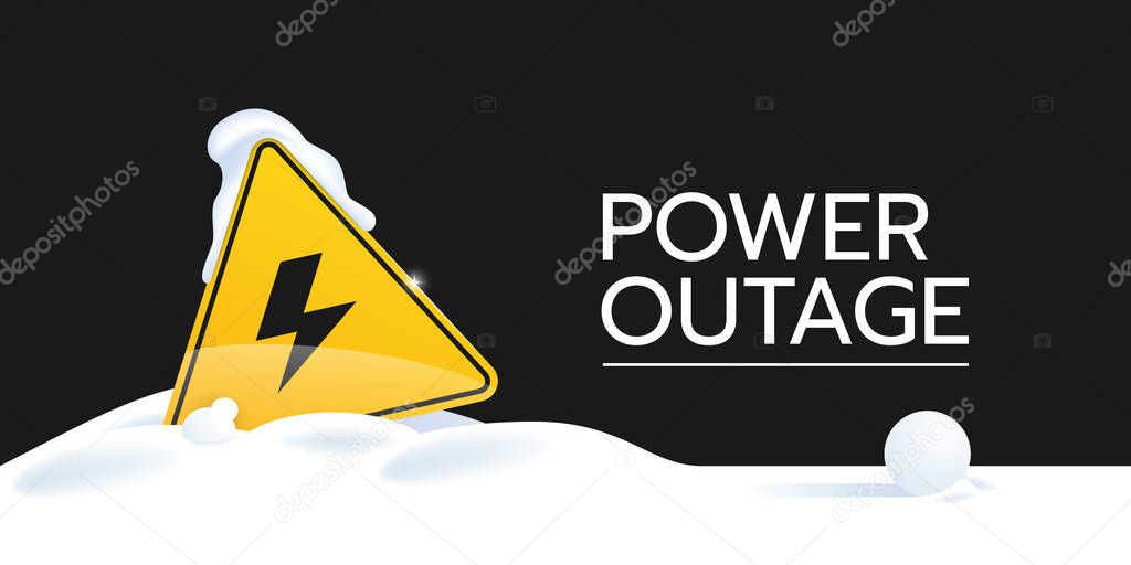 Vector illustration of the banner of a power outage with a warning sign is covered with snow the one is on the black background.