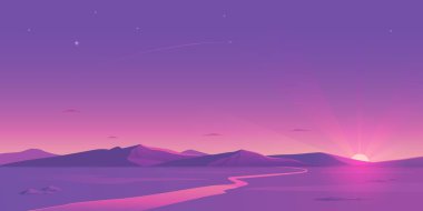 The vector illustration of an evening plain landscape with mountains, the sun, and the river.