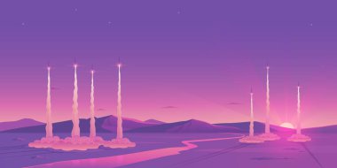 Füzelerin fırlatılmasının vektör çizimi akşam sahasında..