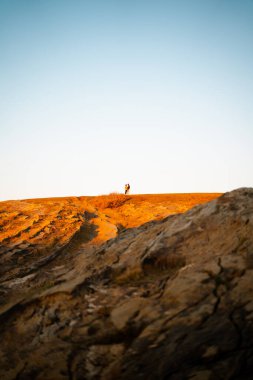 Sevgili çift gün batımında birbirlerine bakıyorlar.