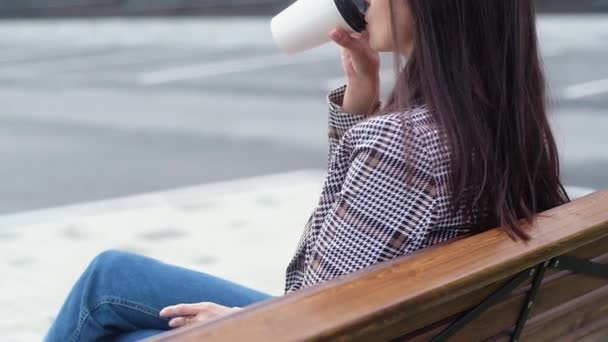 Woman Casual Clothes Sitting Wooden Bench Girl Holding Fragrant Coffee — Stok video